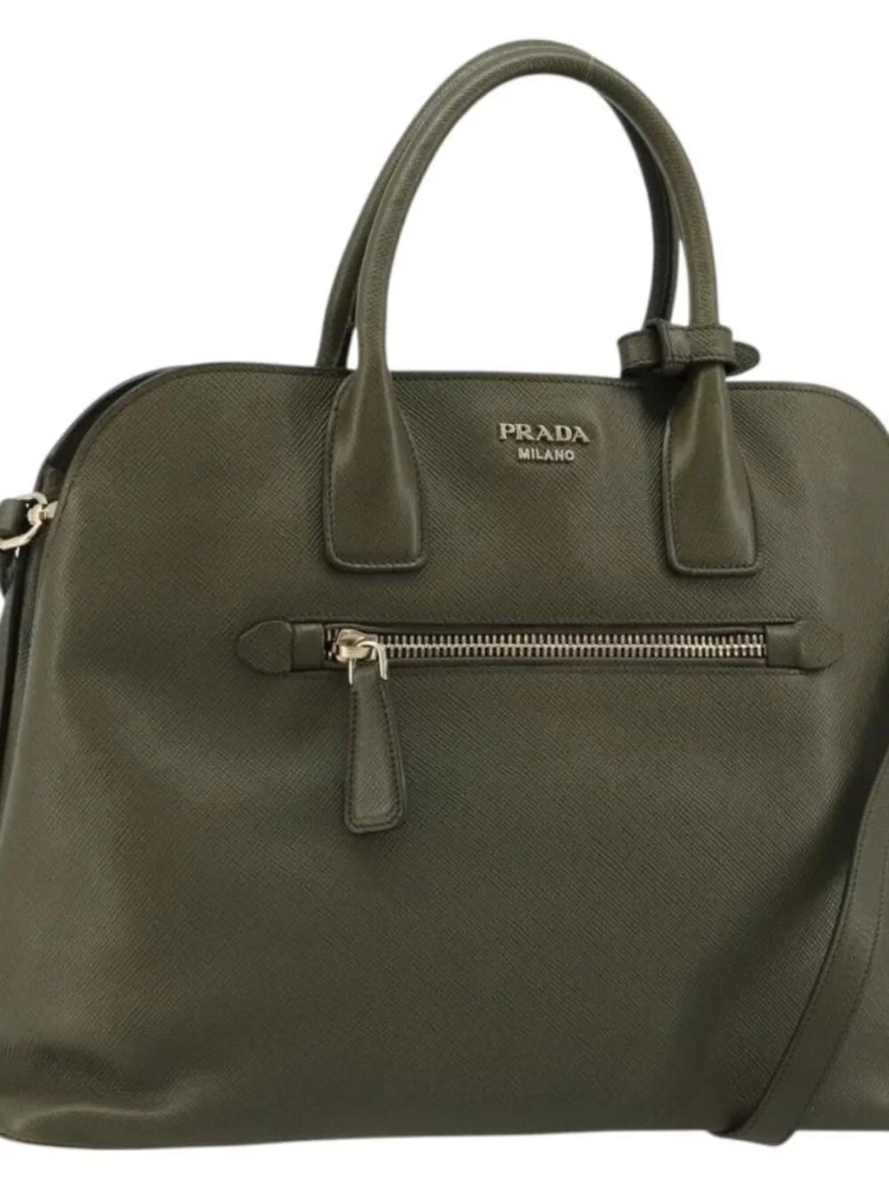 PRADA Cuir Open Promenade Satchel Bag Saffiano 2way Khaki Gold Auth
